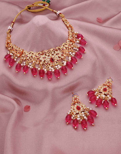 Pink Gold Choker Necklace Set With Dangle Earring