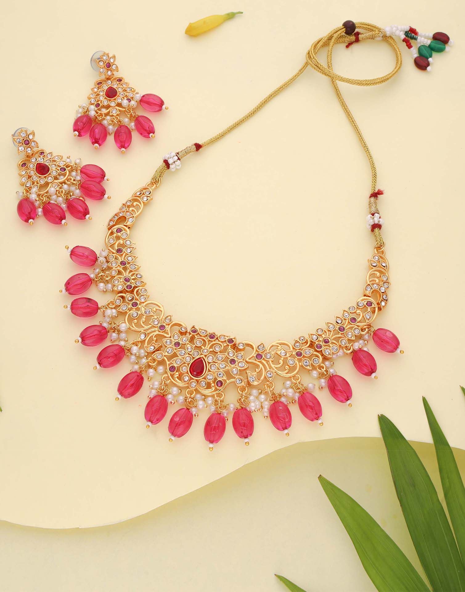 Pink Gold Choker Necklace Set With Dangle Earring