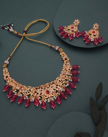 Pink Gold Choker Necklace Set With Dangle Earring