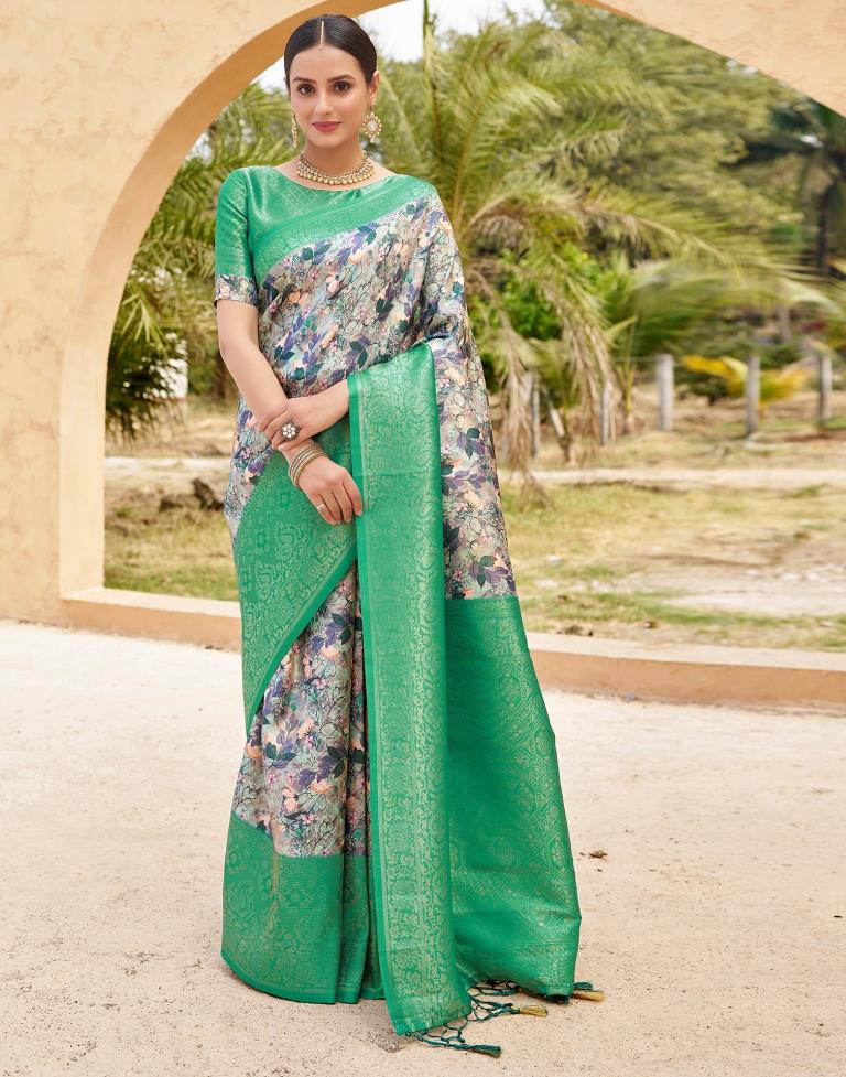 Ready to Wear Teal Green Silk Printed Saree