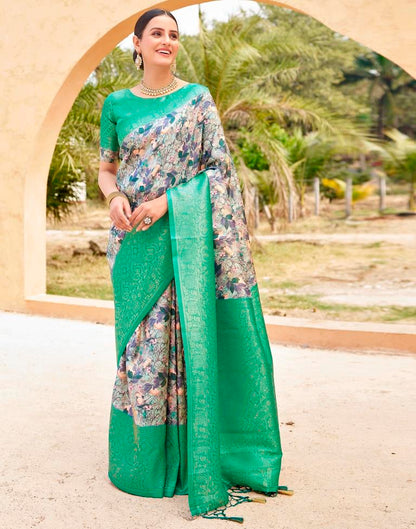 Ready to Wear Teal Green Silk Printed Saree