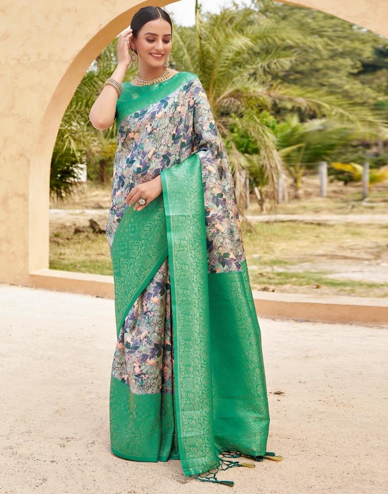 Ready to Wear Teal Green Silk Printed Saree