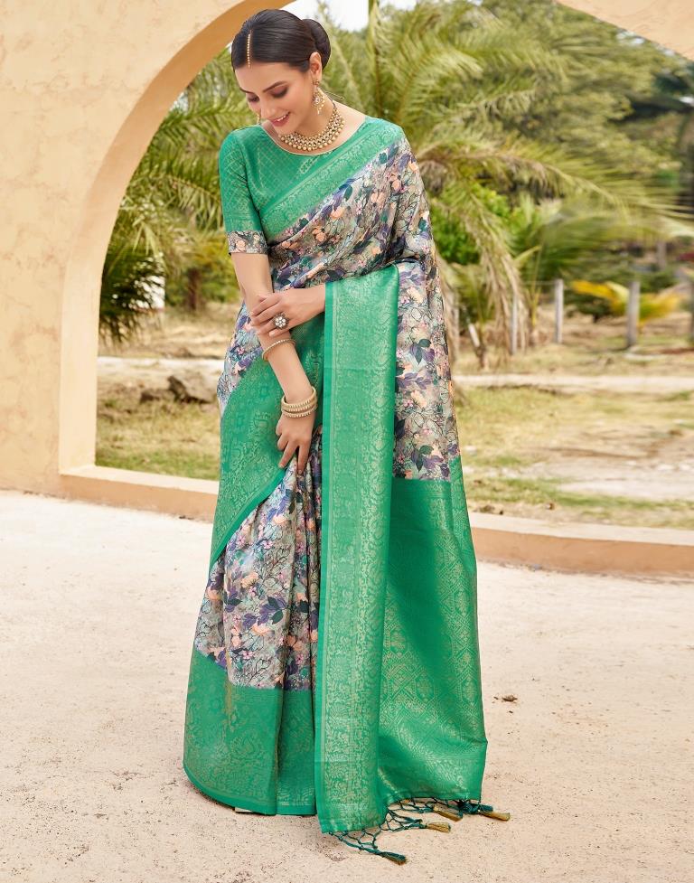 Ready to Wear Teal Green Silk Printed Saree