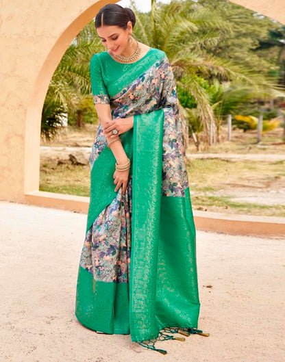 Ready to Wear Teal Green Silk Printed Saree