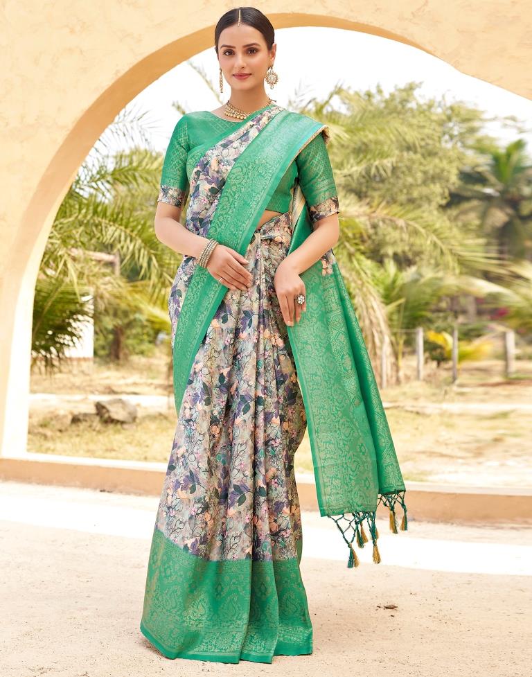 Ready to Wear Teal Green Silk Printed Saree