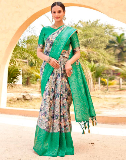 Ready to Wear Teal Green Silk Printed Saree