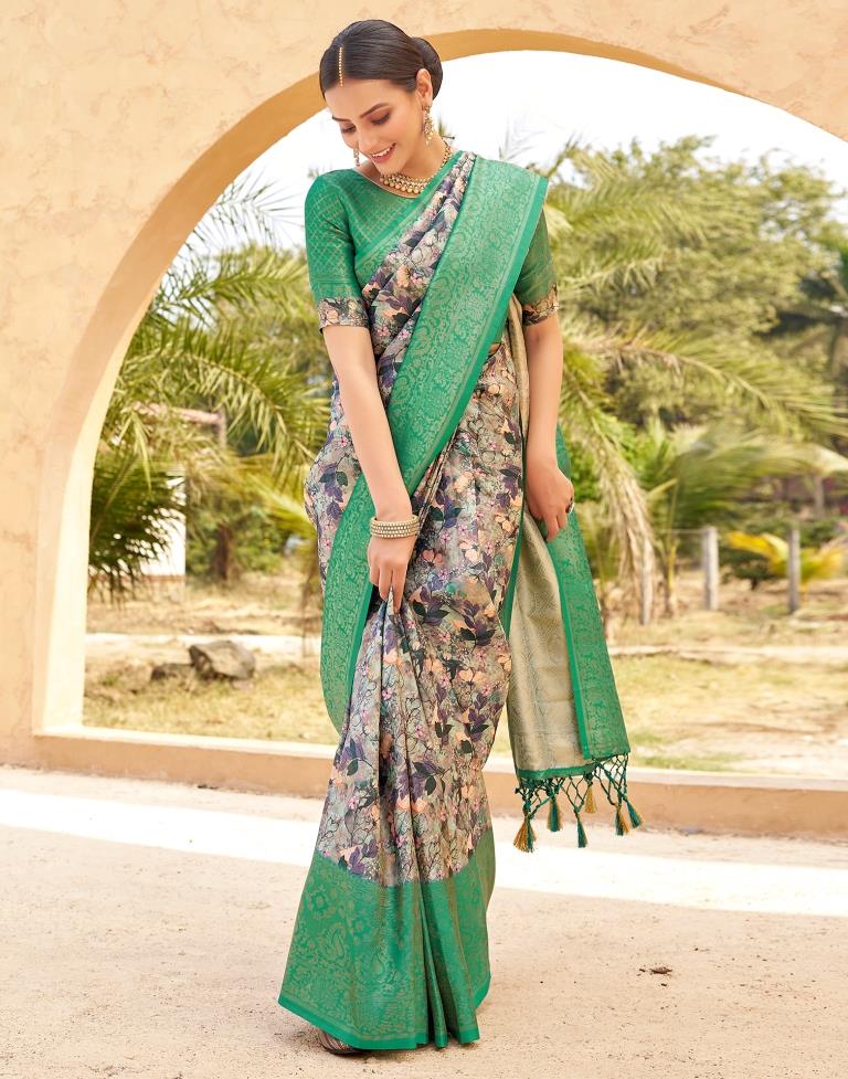 Ready to Wear Teal Green Silk Printed Saree