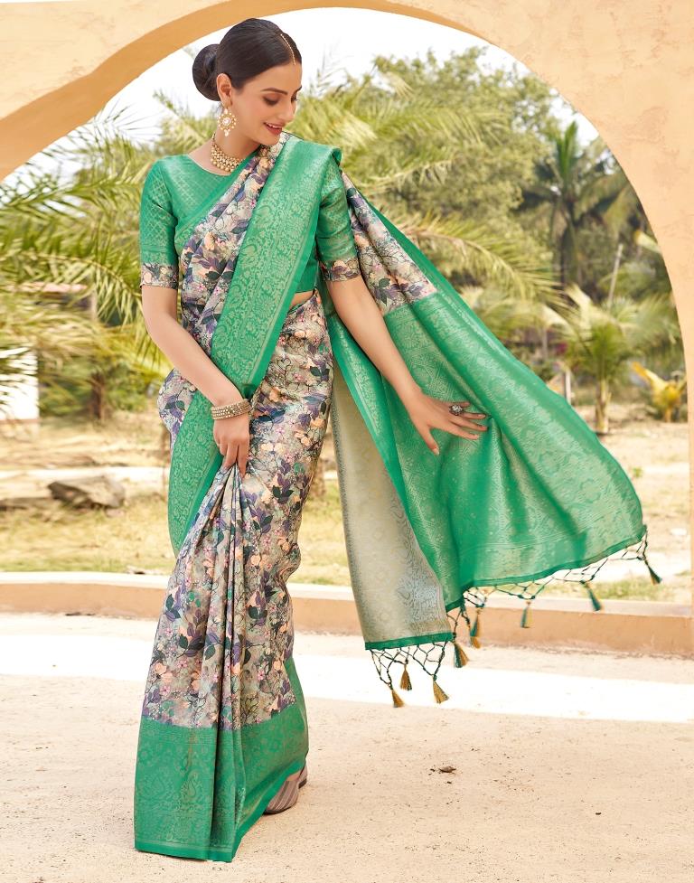 Ready to Wear Teal Green Silk Printed Saree