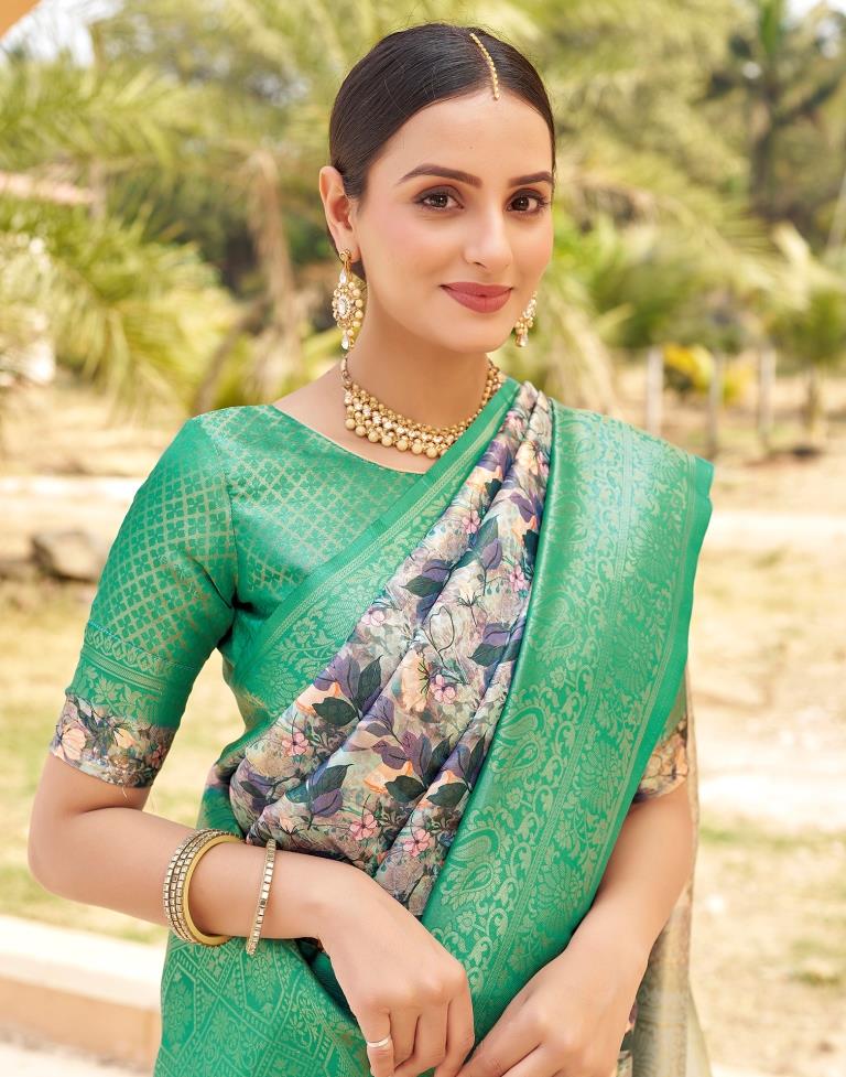 Ready to Wear Teal Green Silk Printed Saree