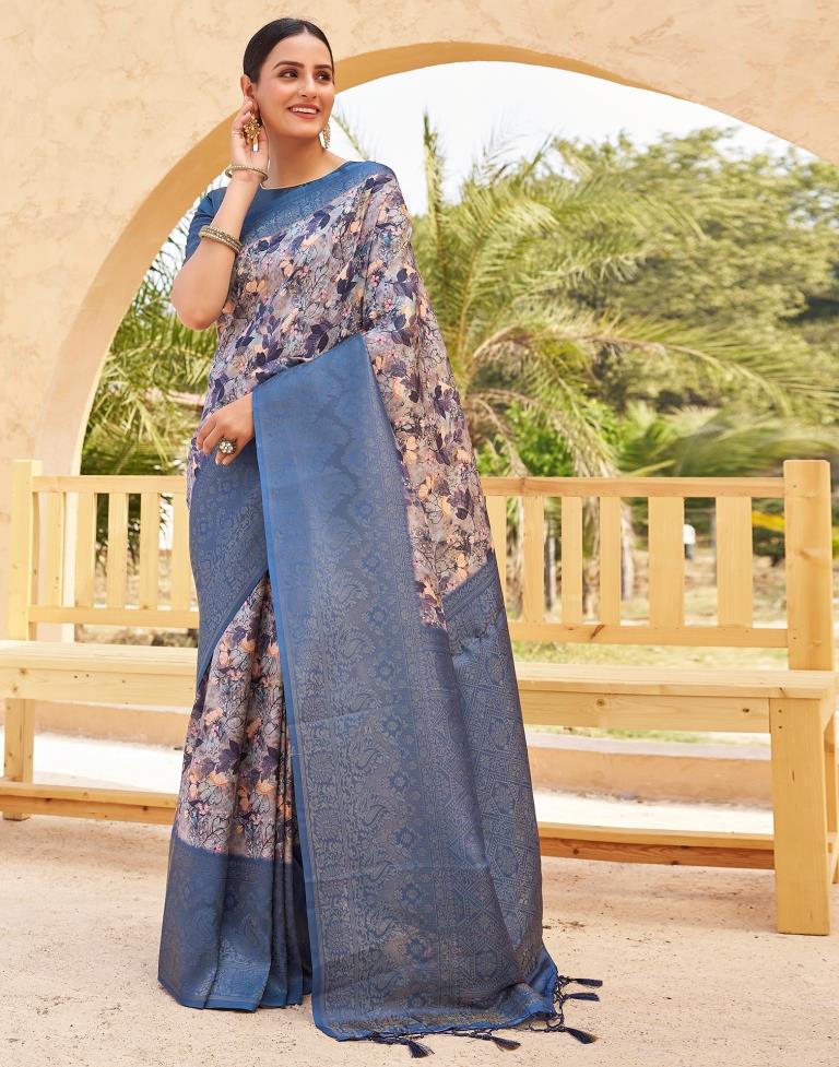 Ready to Wear Dark Blue Silk Printed Saree