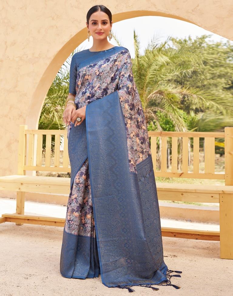 Ready to Wear Dark Blue Silk Printed Saree