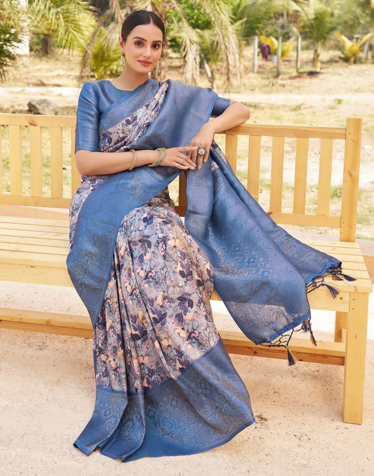 Ready to Wear Dark Blue Silk Printed Saree