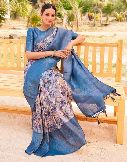 Ready to Wear Dark Blue Silk Printed Saree