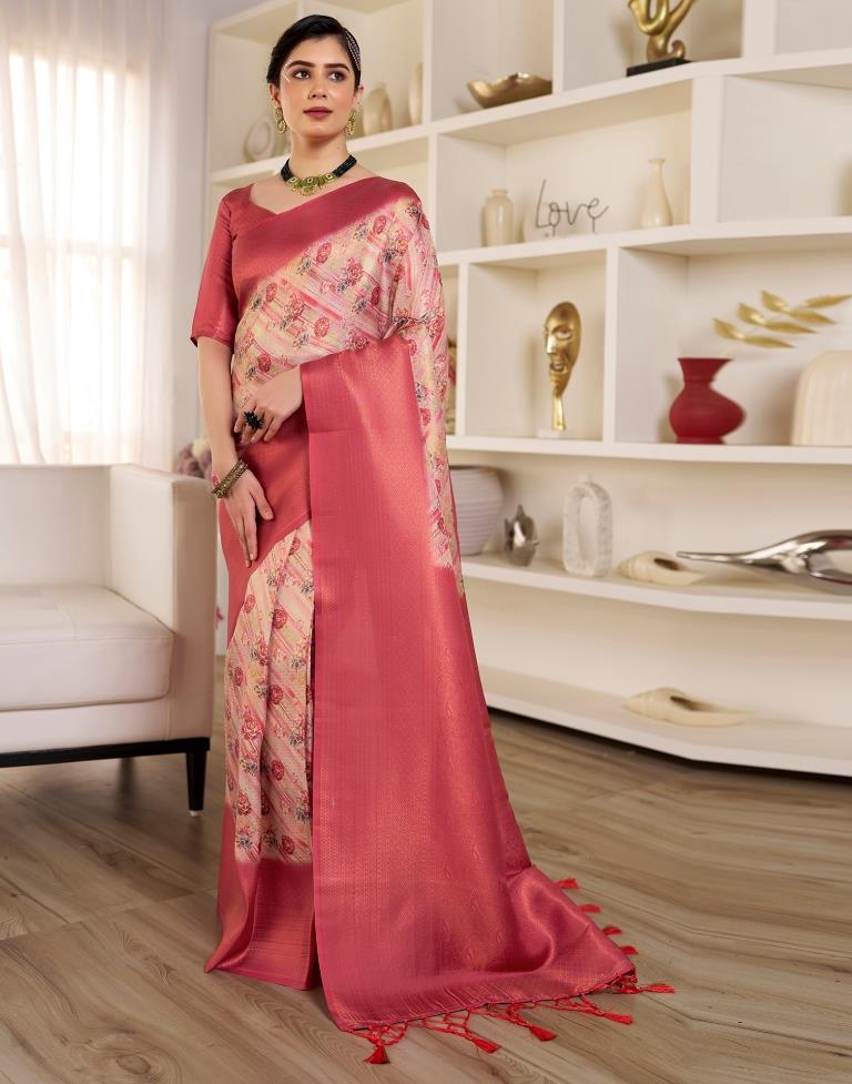 Ready to Wear Beige &amp; Red Silk Printed Saree