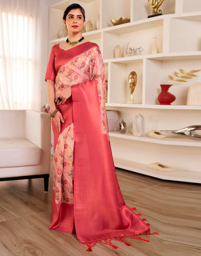 Ready to Wear Beige &amp; Red Silk Printed Saree