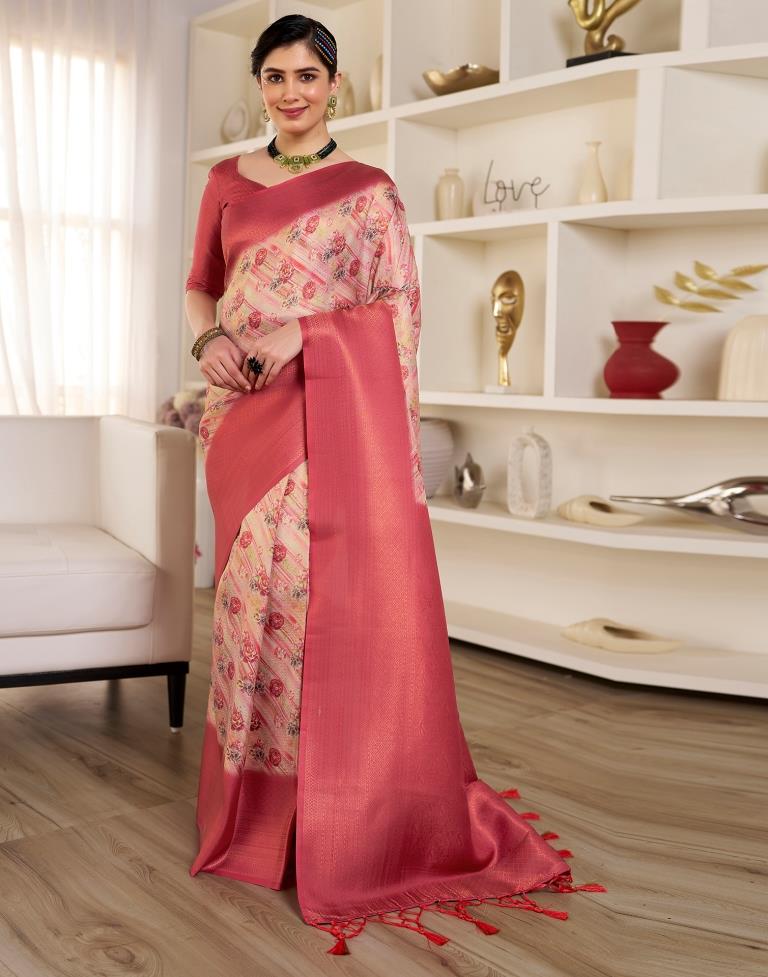 Ready to Wear Beige &amp; Red Silk Printed Saree