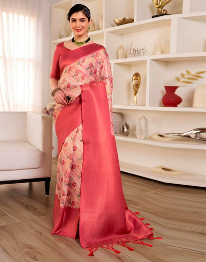 Ready to Wear Beige &amp; Red Silk Printed Saree