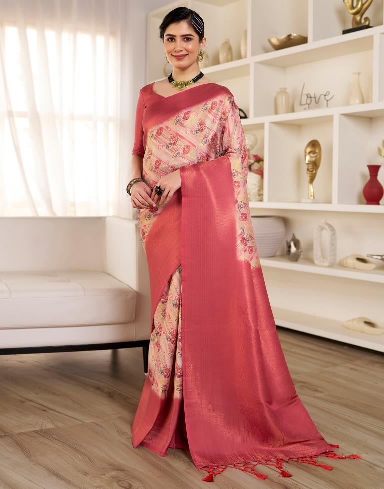 Ready to Wear Beige &amp; Red Silk Printed Saree