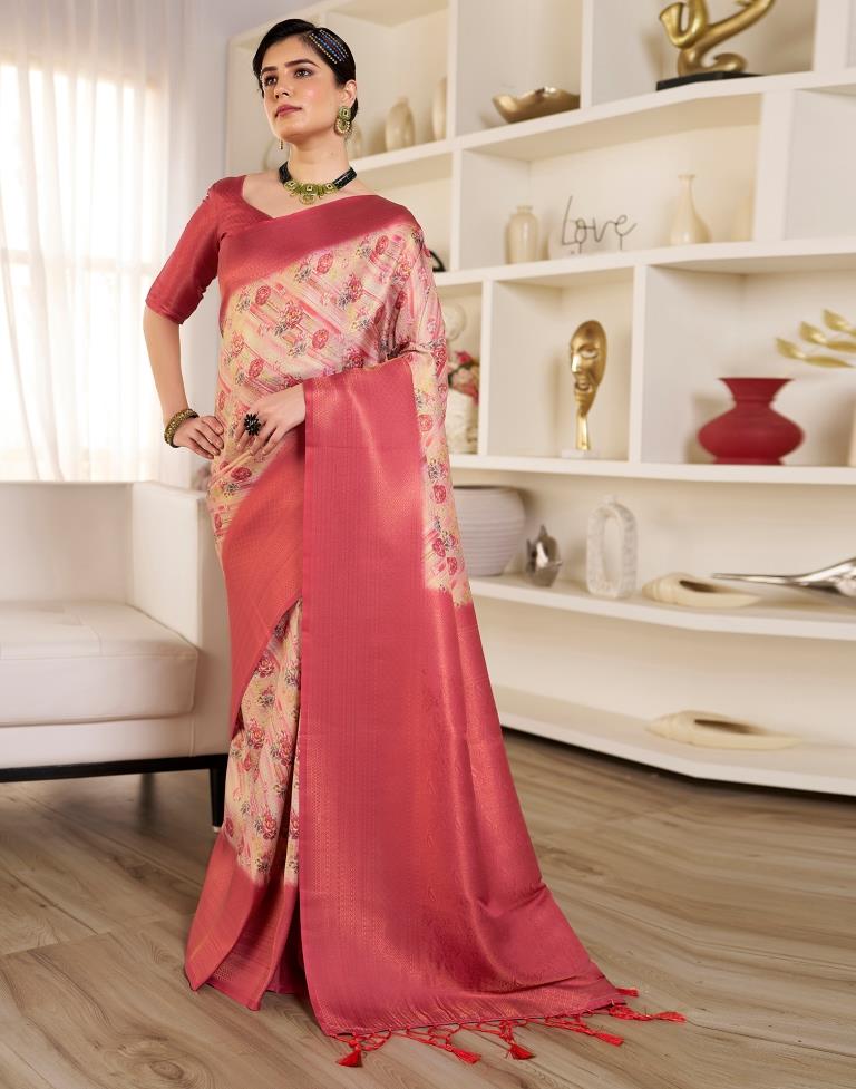 Ready to Wear Beige &amp; Red Silk Printed Saree