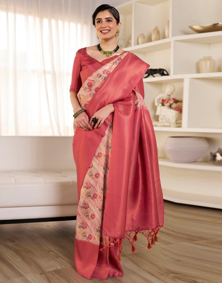 Ready to Wear Beige &amp; Red Silk Printed Saree