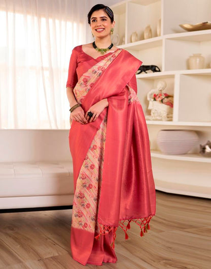 Ready to Wear Beige &amp; Red Silk Printed Saree