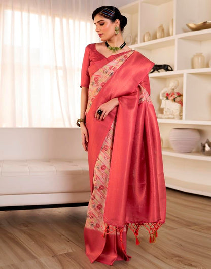 Ready to Wear Beige &amp; Red Silk Printed Saree