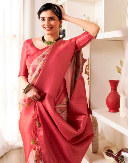 Ready to Wear Beige &amp; Red Silk Printed Saree