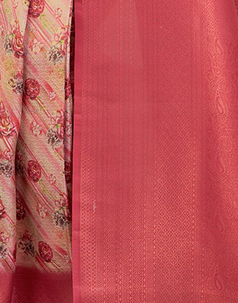 Ready to Wear Beige &amp; Red Silk Printed Saree