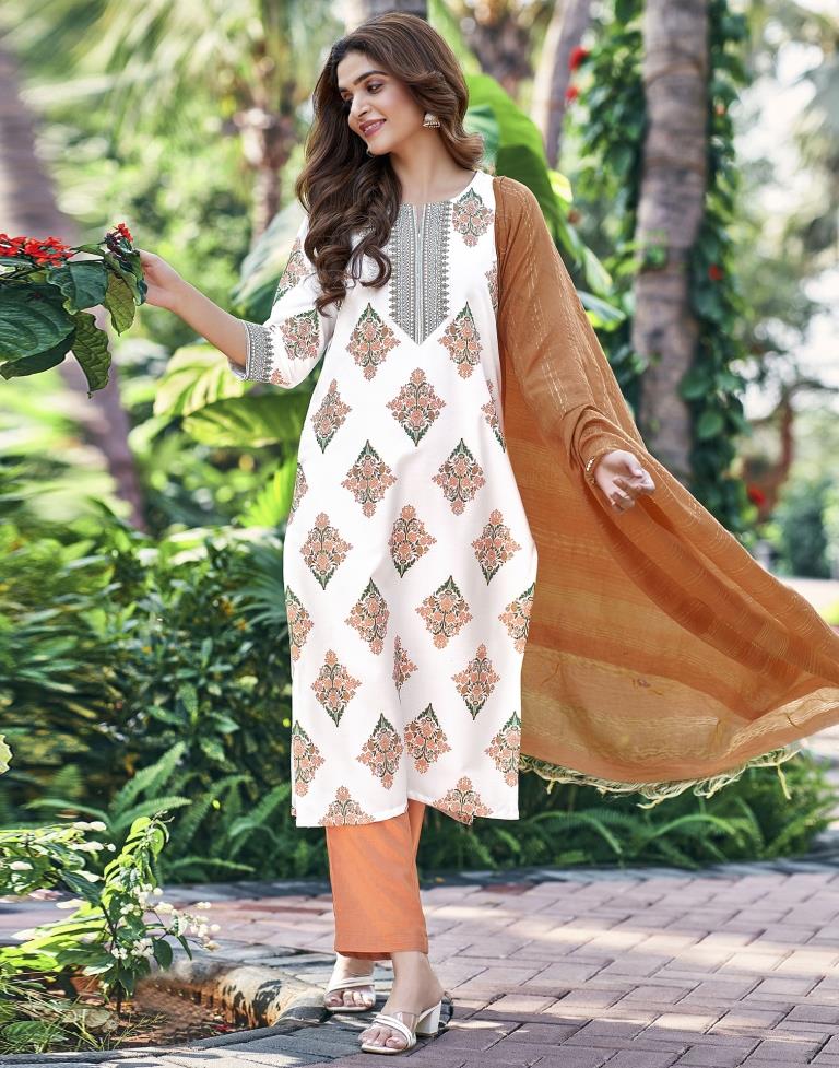 White Printed Rayon Straight Kurta Set With Dupatta