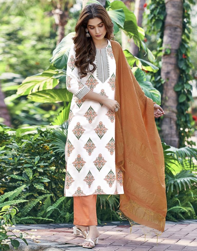 White Printed Rayon Straight Kurta Set With Dupatta