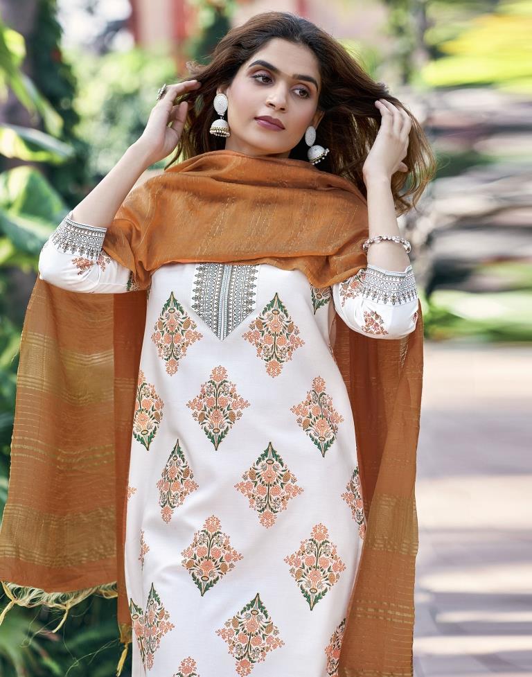 White Printed Rayon Straight Kurta Set With Dupatta