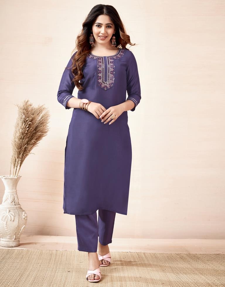 Purple Plain Muslin Straight Kurta Set with Dupatta