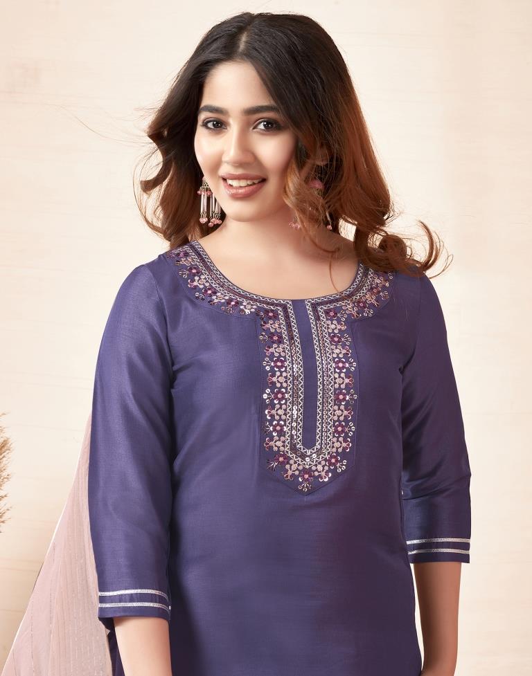 Purple Plain Muslin Straight Kurta Set with Dupatta