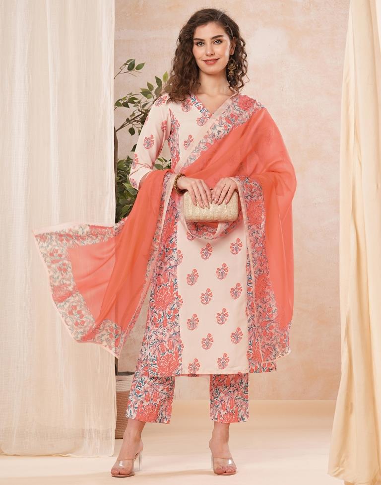 Peach Printed Rayon Straight Kurta Set With Dupatta