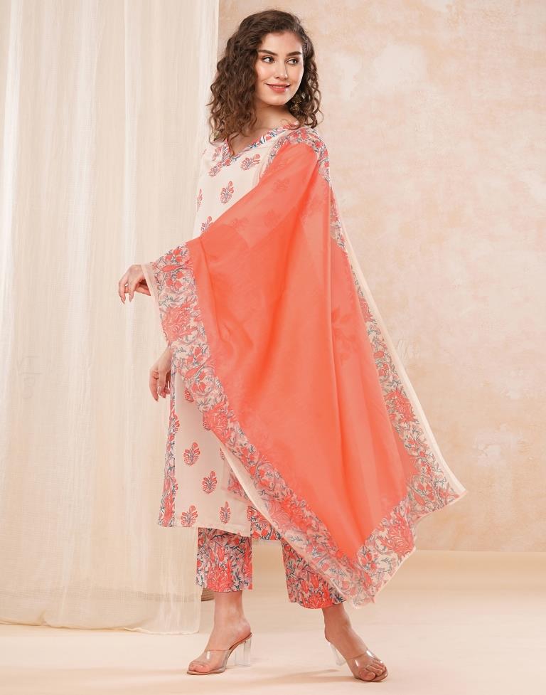 Peach Printed Rayon Straight Kurta Set With Dupatta