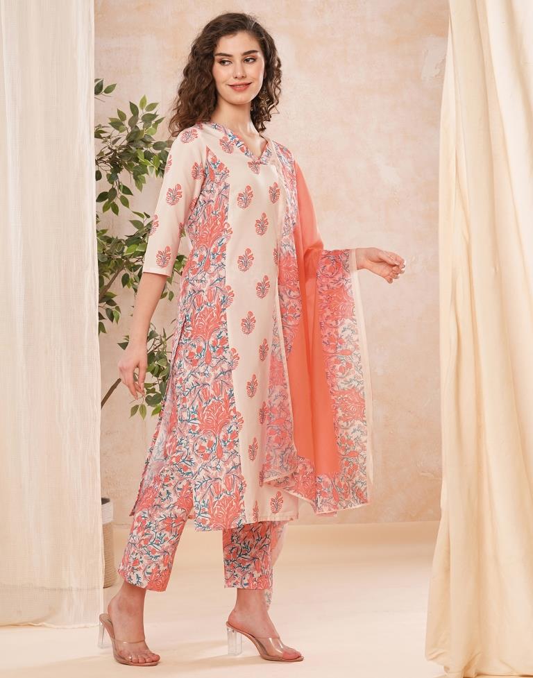 Peach Printed Rayon Straight Kurta Set With Dupatta