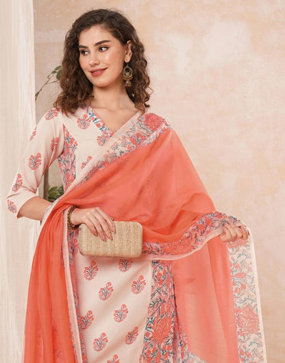 Peach Printed Rayon Straight Kurta Set With Dupatta