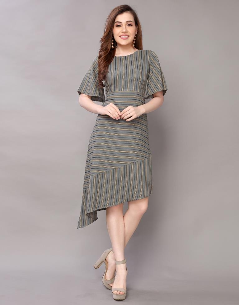 Olive Green Coloured Woven Striped Rayon Dress | Sudathi