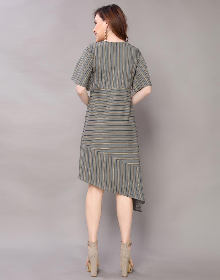Olive Green Coloured Woven Striped Rayon Dress | Sudathi