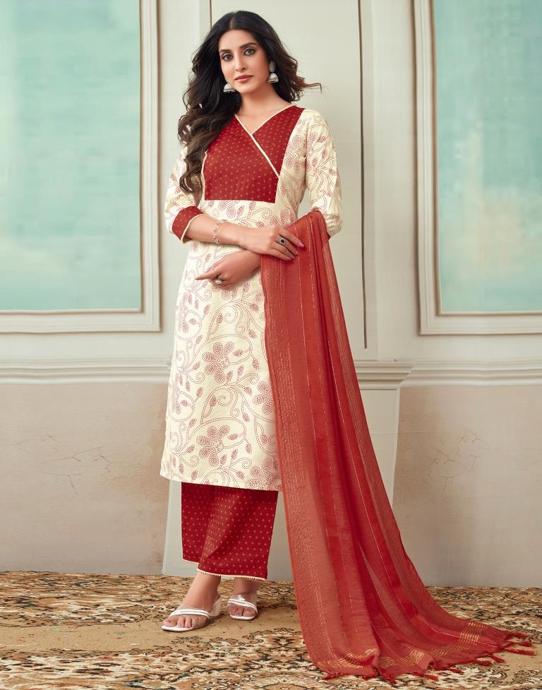 Cream Printed Cotton Straight Kurta Set With Dupatta