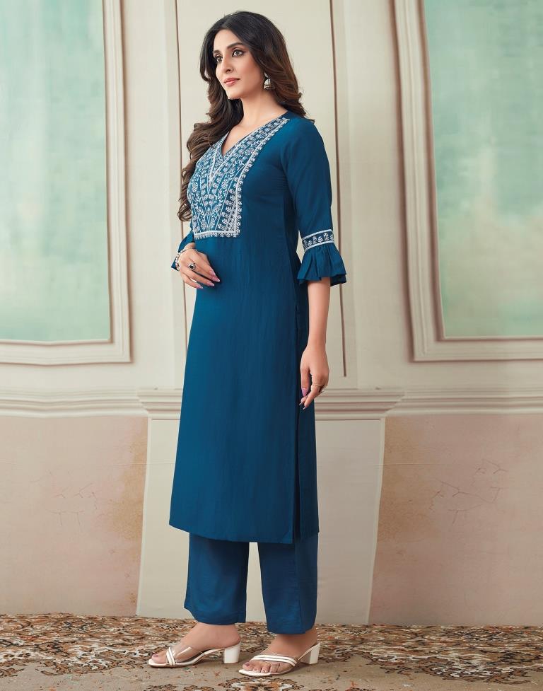 Rama Blue Plain Rayon Straight Kurta Set with Dupatta