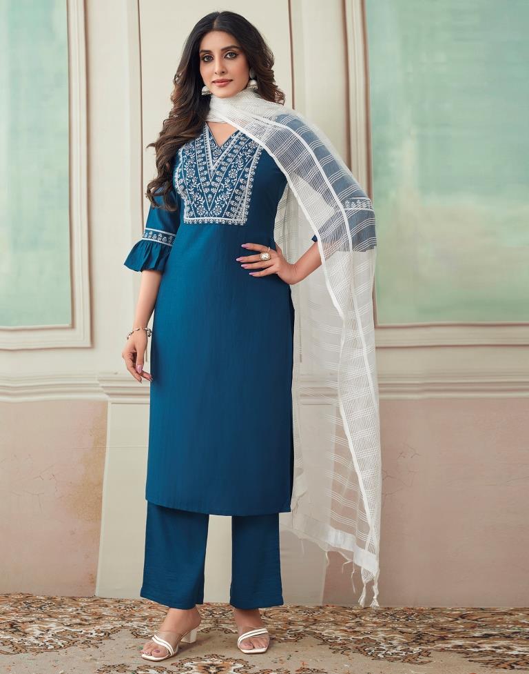 Rama Blue Plain Rayon Straight Kurta Set with Dupatta