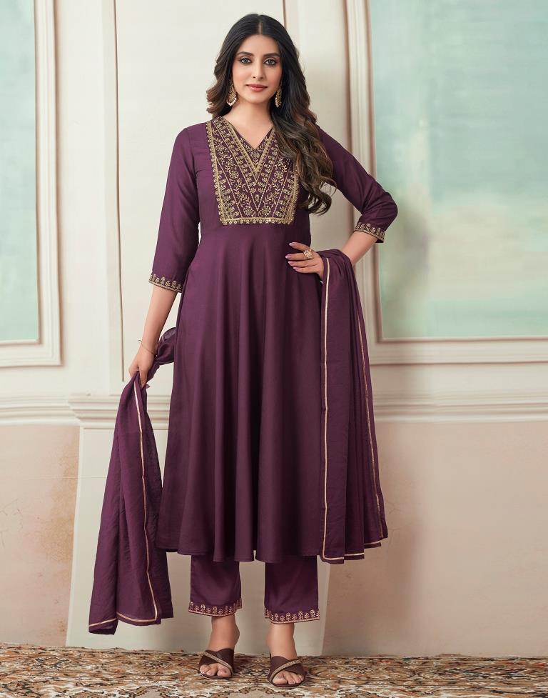 Wine Plain Chinnon Flared Kurta Set with Dupatta