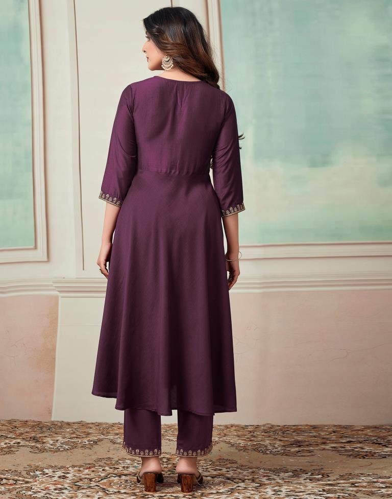 Wine Plain Chinnon Flared Kurta Set with Dupatta