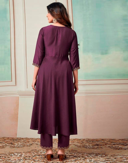 Wine Plain Chinnon Flared Kurta Set with Dupatta