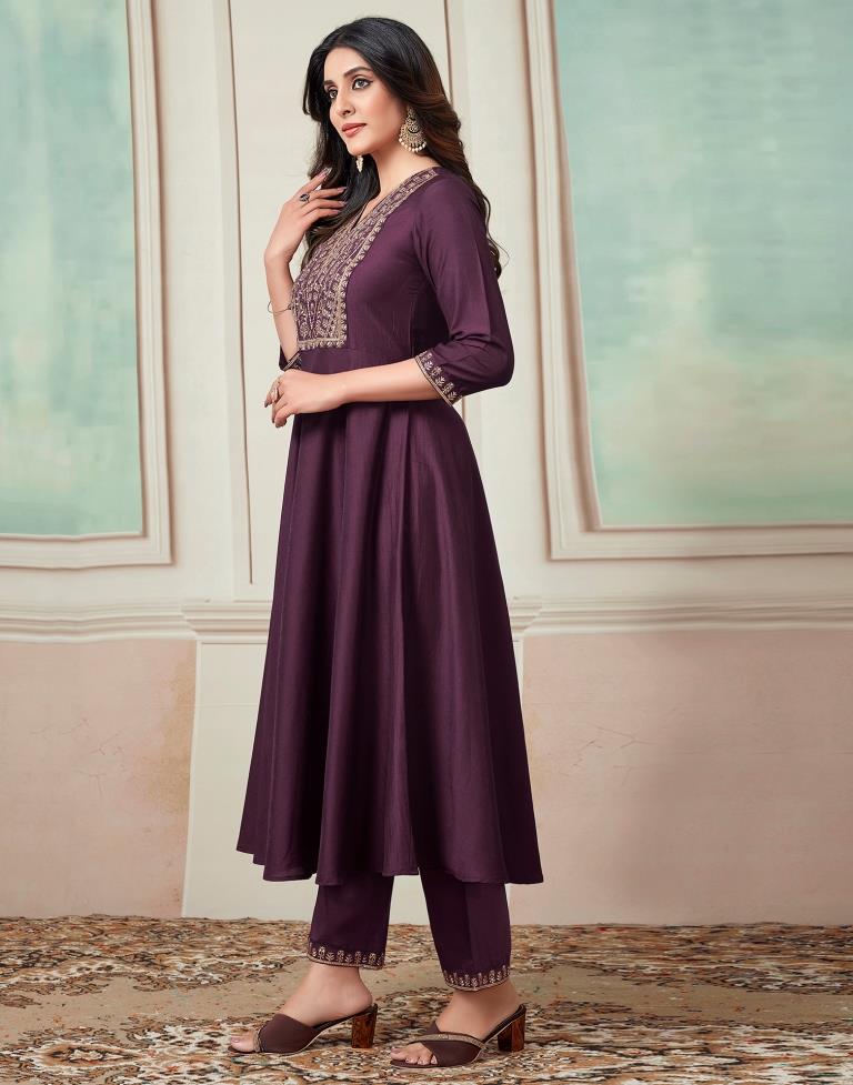 Wine Plain Chinnon Flared Kurta Set with Dupatta