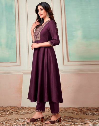 Wine Plain Chinnon Flared Kurta Set with Dupatta