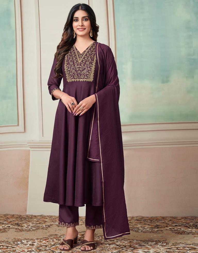 Wine Plain Chinnon Flared Kurta Set with Dupatta