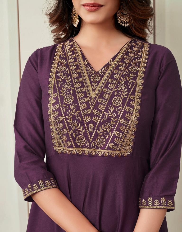 Wine Plain Chinnon Flared Kurta Set with Dupatta