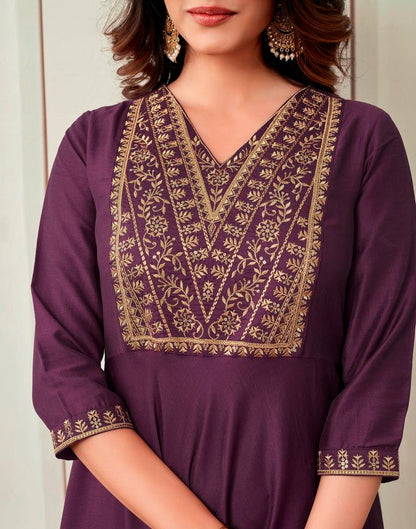 Wine Plain Chinnon Flared Kurta Set with Dupatta